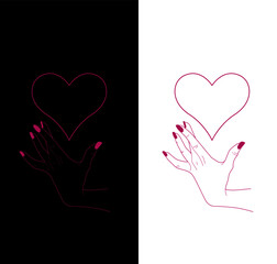 Valentine's day illustration. Woman's hand with painted nails. A big heart. Lineart. Black and white background