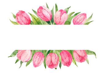 Watercolor pink tulips border. Hand drawn spring flowers frame. Template for invitation, save the date, thank you card