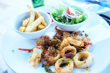 Crispy Calamari Rings with French fries and Salad - カラマリ イカフライ フライドポテト サラダ