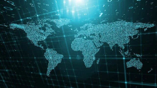 Abstract world map with cyberspace binary numbers network animation.