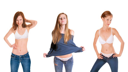 Fototapeta premium Three closeup portraits of beautiful young women undressing themselves, isolated on white studio background