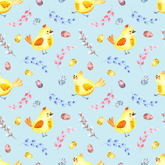 Seamless watercolor pattern with Easter chickens, willow twigs, Easter eggs on a colored background.