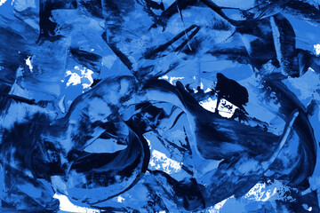 Modern contemporary acrylic background. Blue texture made with a palette knife. Abstract painting on paper. Mess on the canvas.