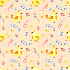 Seamless watercolor pattern with Easter chickens, willow twigs, Easter eggs on a colored background.