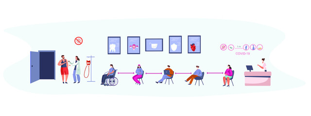 Patients Sitting in Chairs and Waiting for Doctor's Appointment Time at Hospital.Men and Women at Physician's Office or Clinic. Hospital Queue and Registry Service in Quarantine.Vector Illustrstion