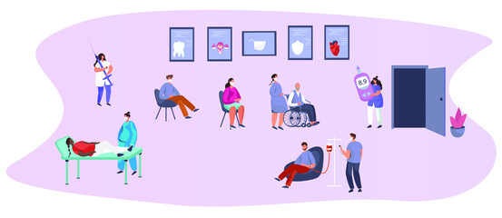 Obraz na płótnie Canvas Patients Sitting in Chairs and Waiting for Doctor's Appointment Time at Hospital.Men and Women at Physician's Office or Clinic. Hospital Queue and Registry Service in Quarantine.Vector Illustrstion