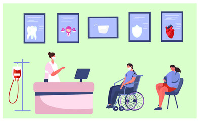 Patients Sitting in Chairs and Waiting for Doctor's Appointment Time at Hospital.Men and Women at Physician's Office or Clinic. Hospital Queue and Registry Service in Quarantine.Vector Illustrstion