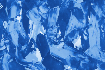 Modern contemporary acrylic background. Blue texture made with a palette knife. Abstract painting on paper. Mess on the canvas.