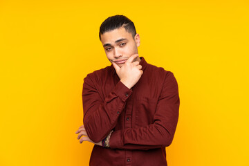 Asian handsome man isolated on yellow background with problems making suicide gesture