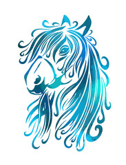 Horse blue face. Tattoo. Vector illustration