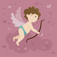 Vector illustration. Little cupid shoots love from the cloud. Valentine's day symbol. Template for your design
