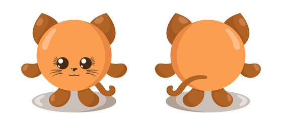 Funny cute kawaii cat with round body in flat design with shadows, front and back. Isolated animal vector illustration	