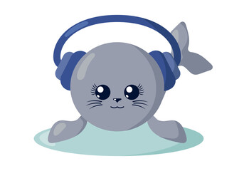 Funny cute kawaii fur seal with headphones and round body in flat design with shadows. Isolated animal vector illustration	