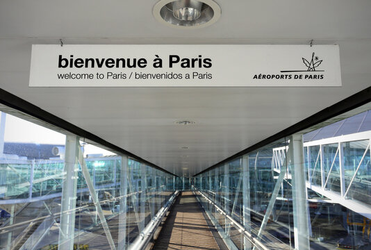 Paris, France - December 27, 2015: A welcome sign at the Paris Charles de Gaulle Airport on December 27, 2015 in Paris, France. The Charles de Gaulle Airport is France's largest international airport.