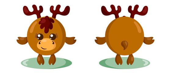 Funny cute kawaii moose with round body and hair in flat design with shadows, front and back. Isolated animal vector illustration	