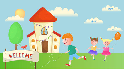 Preeschool landing page template. Children running and playing in yard. Cute building and blue skies on background. Vector illustration.