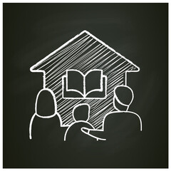 Homeschooling family chalk icon. Parents and child spend more time together. Online education concept. Distant remote teaching and homeschooling. Isolated vector illustration on chalkboard