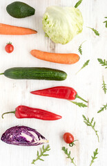 A variety of fresh raw vegetables and fruits for a healthy diet. Lay the apartment on the food background. Healthy food and healthy mind