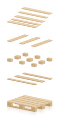 Wooden pallet components. Separate parts to construct a skid, a brand new, undamaged, intact, perfect, neat stillage. Isolated vector illustration on white background.

