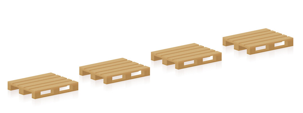 Wooden pallets, four skids in a row for transport, packaging, industry, freight, storage. Brand new, undamaged, intact, perfect, neat stillage. Isolated vector illustration on white background.
