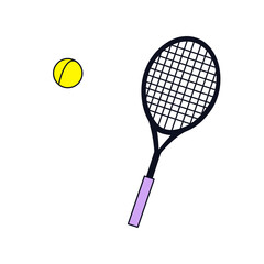 Tennis racket with a ball on a white background.