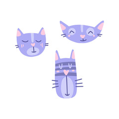 Flat cartoon vector illustration with cute muzzles of cats, hand drawn style.
