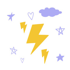 Flat cartoon vector illustration with cute lightnings, hearts and stars, hand drawn style.
