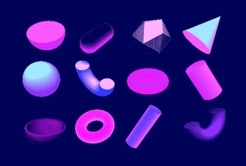 Set of 3D shapes: sphere, hemisphere, torus, cone, cylinder and icosahedron. Vaporwave and retrowave pixel art style illustration in punchy pastel colors.