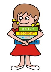 Girl carrying books., humorous vector illustration	