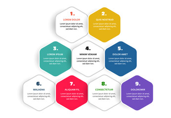 Hexagon infographic with colored backgrounds, modern info dashboard with 9 options, simple data visualization tool