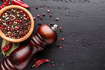 A set of peppers.Collage of different type pepper, Black ,white, pink and allspice peppercornsr,...