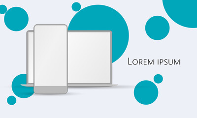 White laptop and smartphone with blank screen on modern background. Device gadget UI UX mockup for business presentation design. Vector illustration for mobile app, social network.