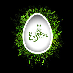 Easter card. Egg and green flowers. Vector illustration