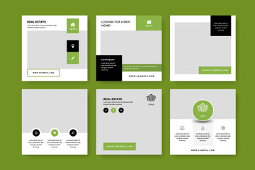 Real estate social media layouts with green elements, square web banners for selling houses, interior and exterior graphic templates