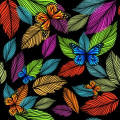 Graphic leaves seamless multicolored pattern with butterflies. vector illustration