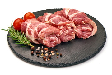 Fresh meat rolls, wrapped meat, isolated on white background