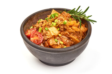 Bigos with sausage, traditional Polish dish, isolated on white background