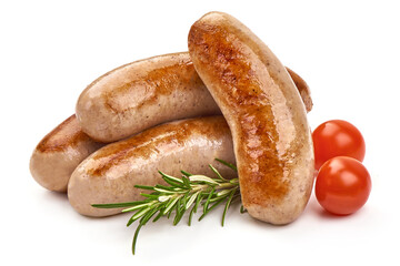 Fried sausages, close-up, isolated on white background