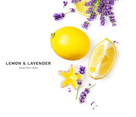 Lemon citrus fruit, fresh lavender and yellow candle