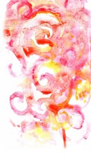 Orange-yellow, pink watercolor stains, curls, splashes on a white background.  Hand-drawn background. The basis for postcards, wallpapers, cards, elements for design. Explosion