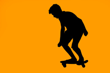 Silhouette of a boy riding a skateboard, a sporty lifestyle. Yellow background.