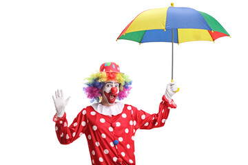 Happy clown holding an umbrella and waving