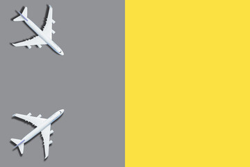 Air travelling concept airplane on background, banner, copy space Trendy colors 2021 - Gray and Yellow. 3d rendering