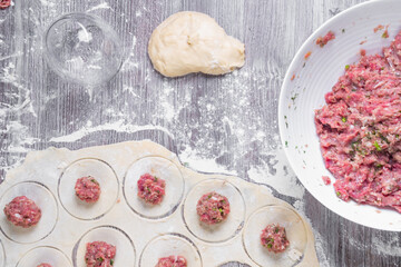 Fototapeta na wymiar background of homemade meat dumplings or ravioli with meat