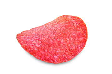 Red potato chips with salt on a white isolated background