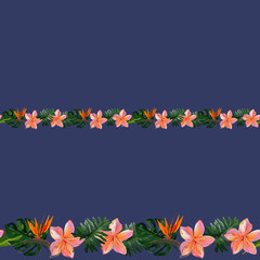 Seamless border of Tropical Hawaii leaves and flowers on blue for duct tape, adhesive tape, ribbons, fabric trim, footer, letterhead. Gouache hand drawn illustration. © Olena