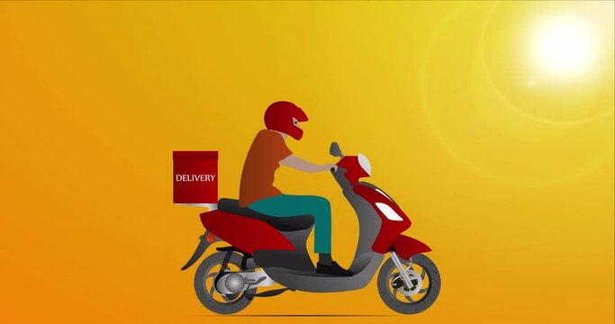 Delivery service. Sunny day. Man riding a scooter. Fast delivery. E-commerce concept. Stock animation. 4k, HD, SD. Alpha channel.