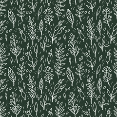 Seamless pattern in the style of doodles. Plant motifs. Twigs, blades of grass, flowers, berries. 