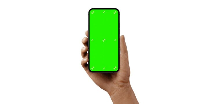Smartphone blank screen in hand enters the camera frame from right - animation best quality, no blurs, green screen and luma matte included	