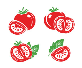Fresh red tomatoes set symbols. Half, slice of tomato